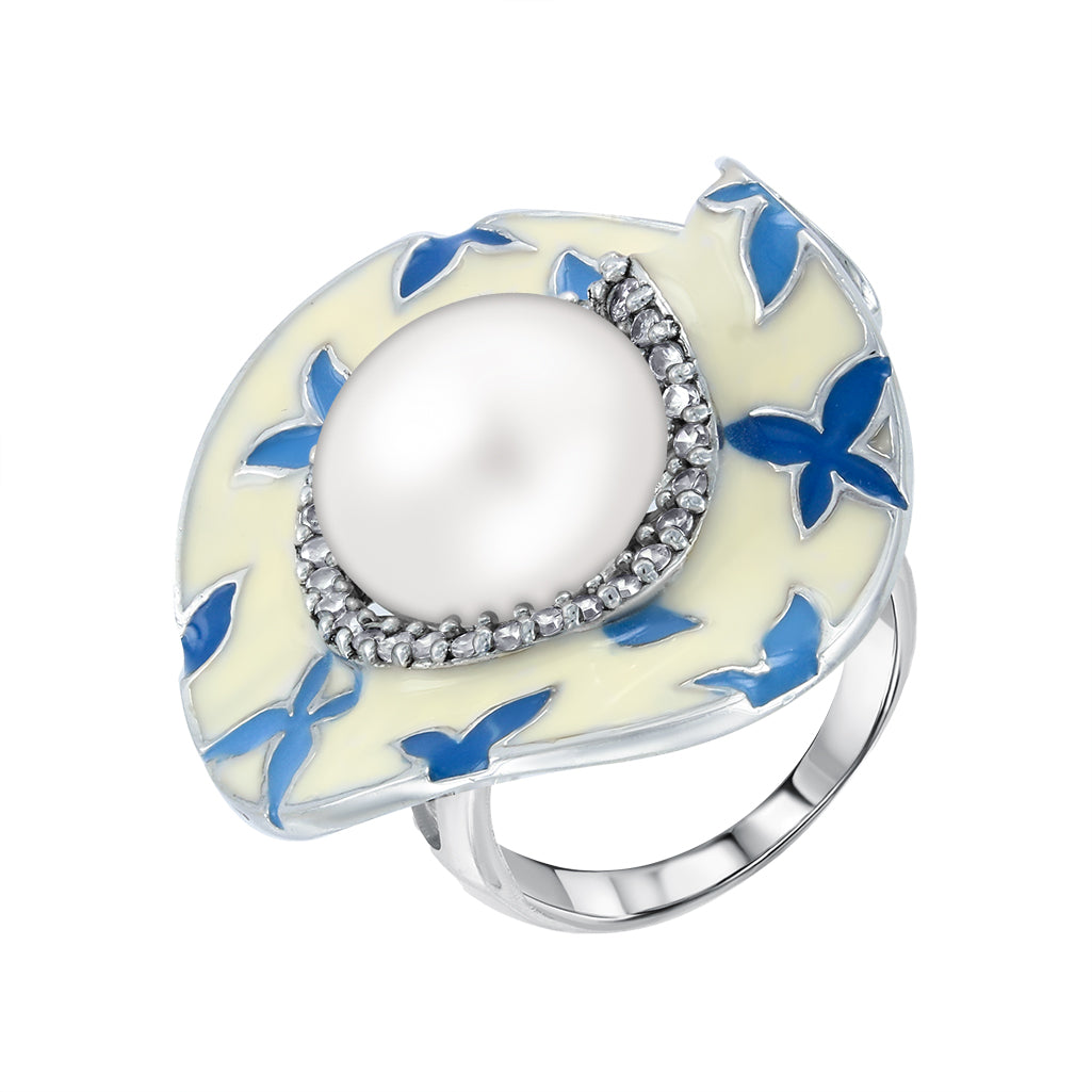 Damenring mit Perle, Zirkonia und Emaille