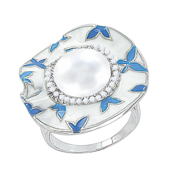 Damenring mit Perle, Zirkonia und Emaille