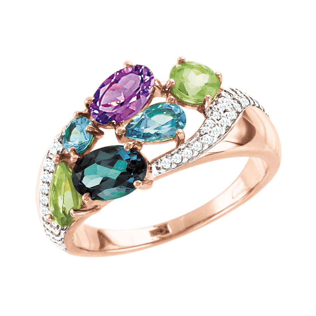 Damenring mit London Blue Topas, Amethyst, Topas, Chrysolith und Zirkonia