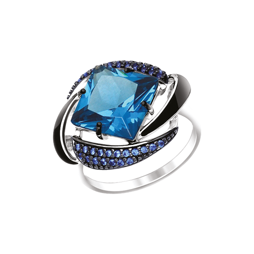 Damenring  mit schwarzer Emaille, blauen Sitall und Zirkonia