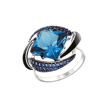 Damenring  mit schwarzer Emaille, blauen Sitall und Zirkonia