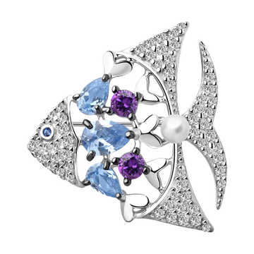Brosche mit Perle, Amethyst und Zirkonia